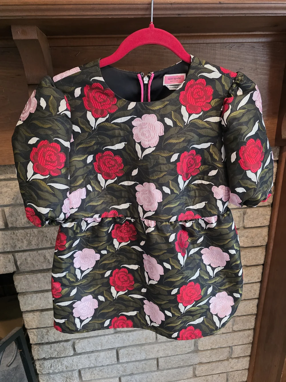 kate spade Olive Floral Puff-Sleeve Blouse with Red & Pink Roses